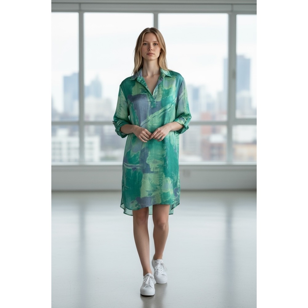 Entro Green Blue Abstract Print Shirt Dress Collared 3/4 Sleeve Womens